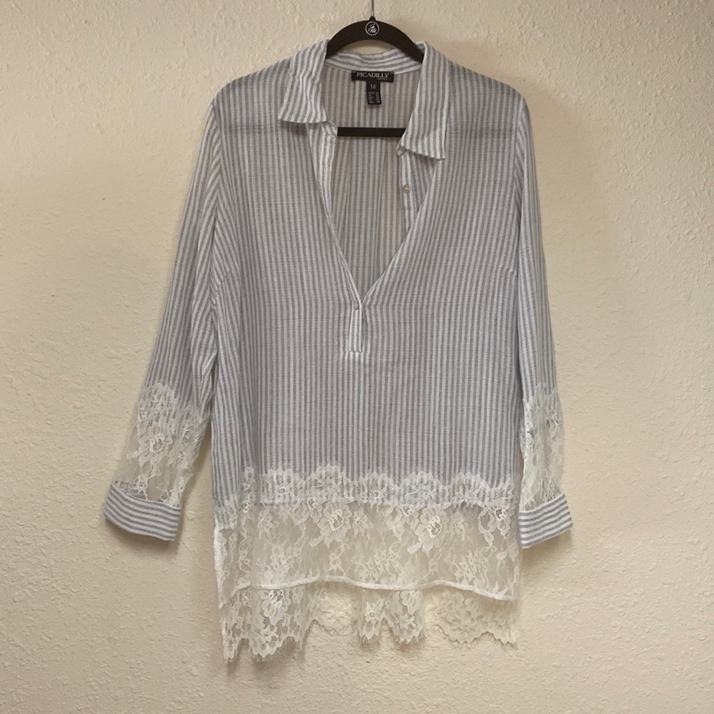 Gray & White Striped Lace Blouse by Picadilly